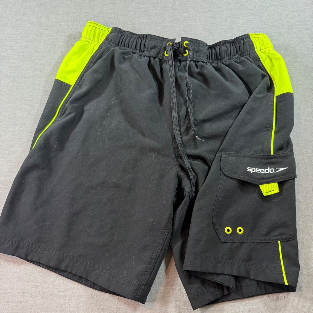 Speedo Swim Trunks Mens Size L Black Neon Yellow Excellent Cargo Pocket Athletic